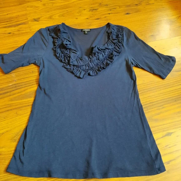Express Dark Blue Ruffled Neck Top - Picture 5 of 5